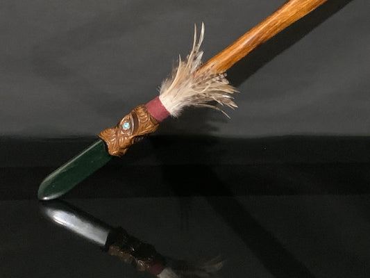 Maori  taiaha weapon with jade tongue carved in New Zealand and available from Silver Fern Gallery