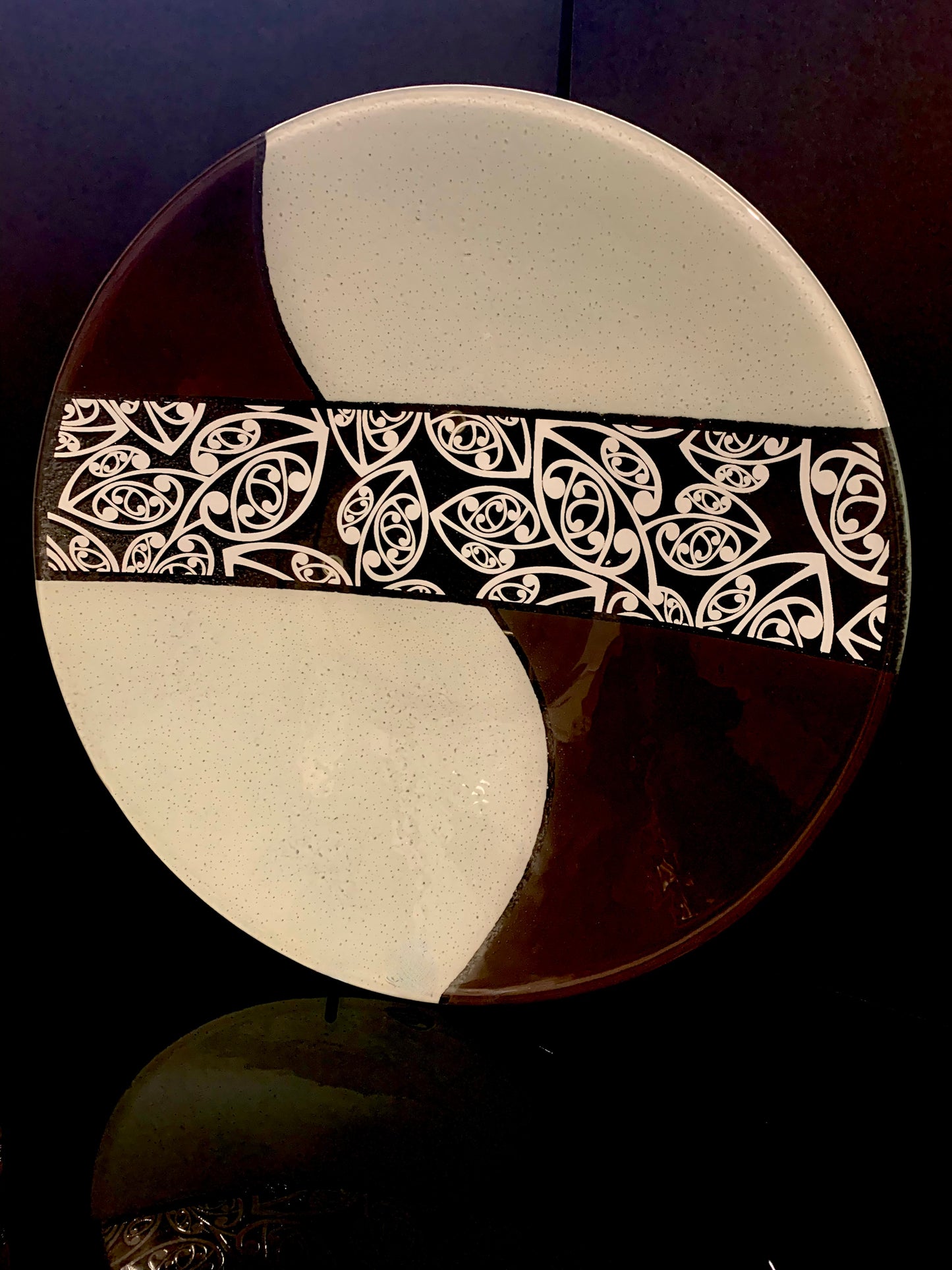 Fused Glass Bowl by Maori Boy - Kowhaiwhai Design (brown and white) 40cm