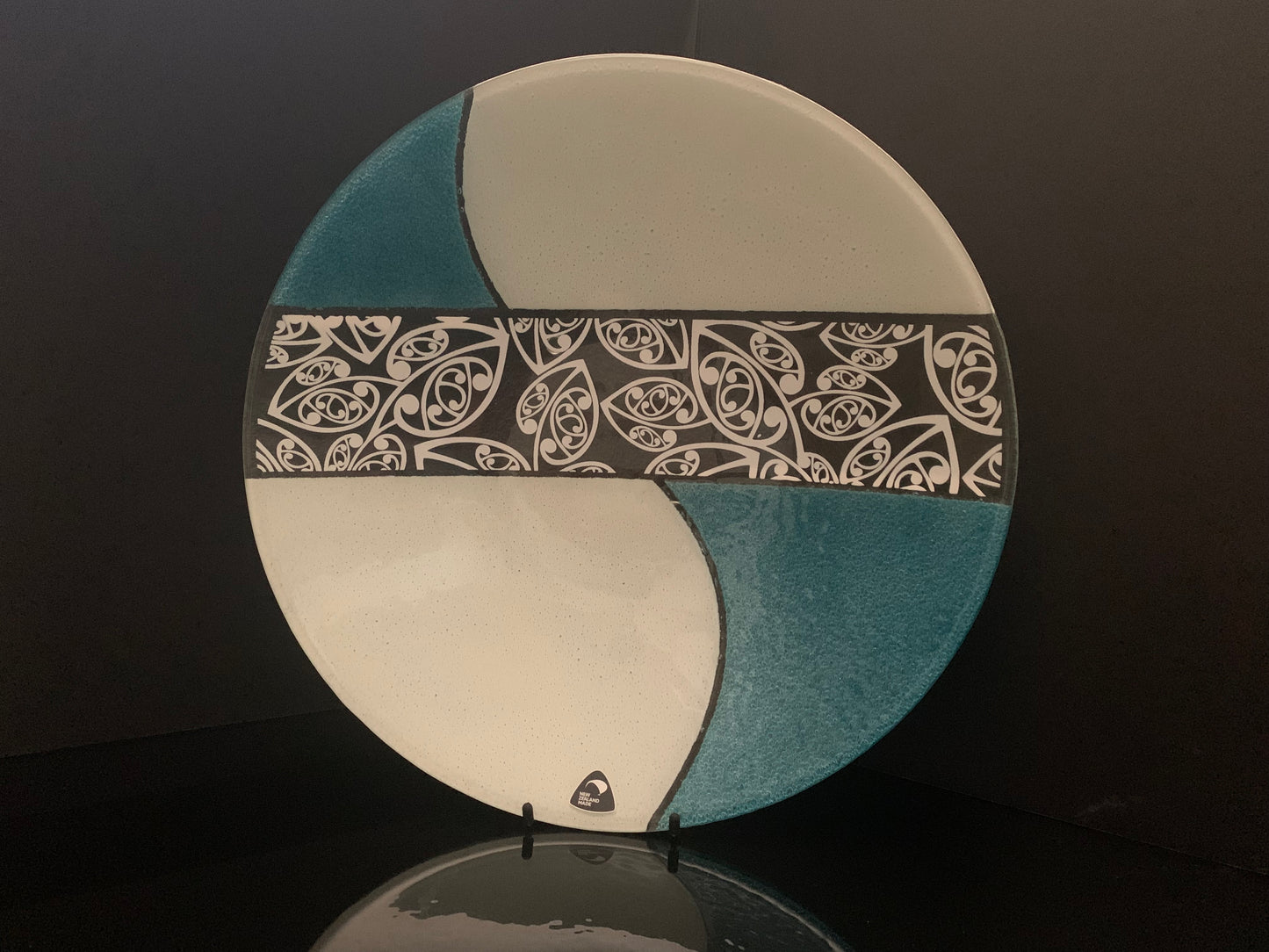 Fused Glass Bowl by Maori Boy - Kowhaiwhai Design (aqua and white) 40cm