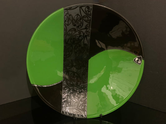 Fused Glass Bowl by Maori Boy - Kowhaiwhai Design (green and black) 32cm