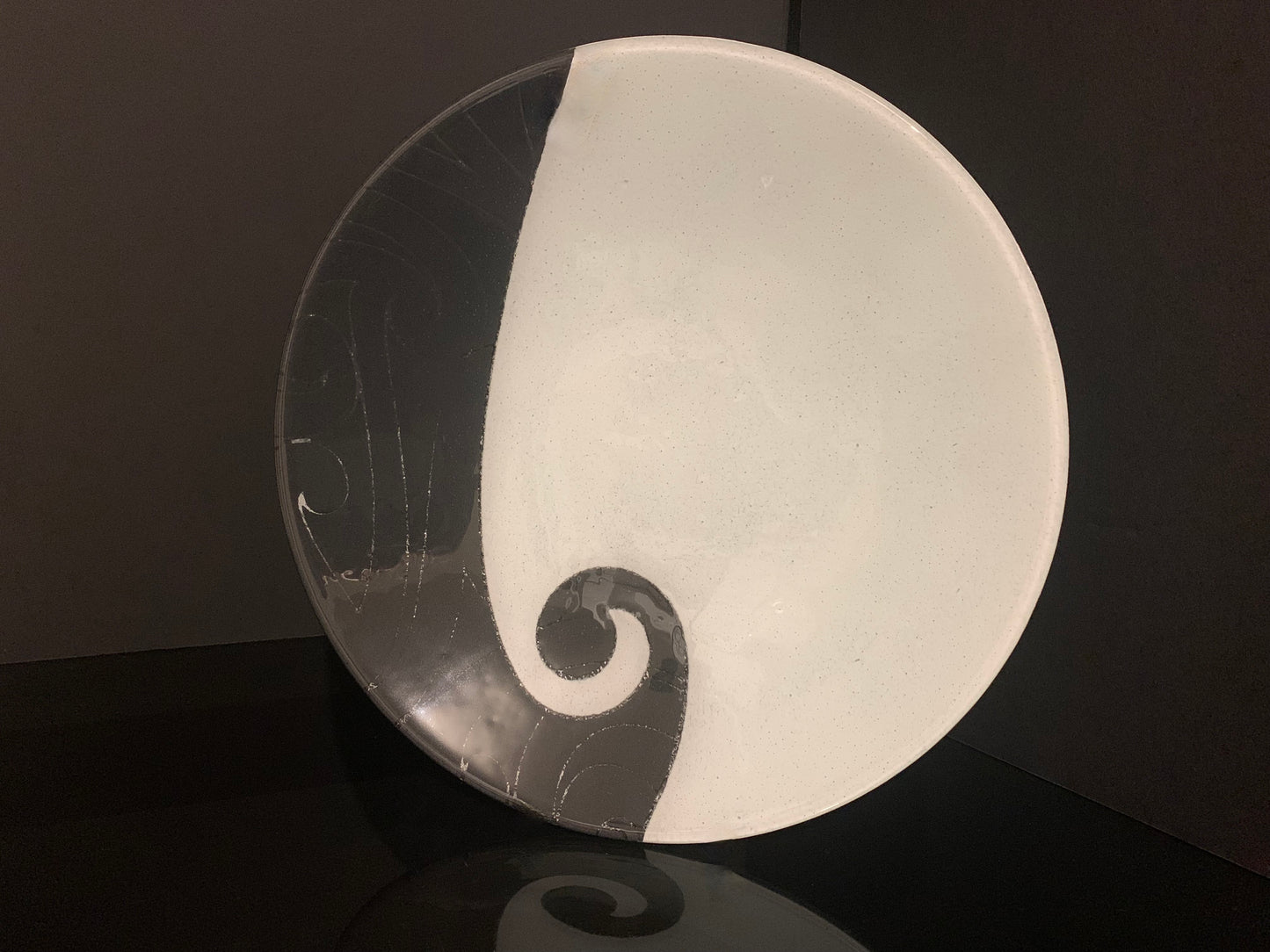 Fused Glass Bowl by Maori Boy - Koru Furl Design (white and graphite) 32cm