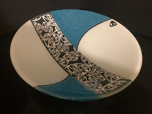 Fused Glass Bowl by Maori Boy - Kowhaiwhai Design (aqua and white) 32cm