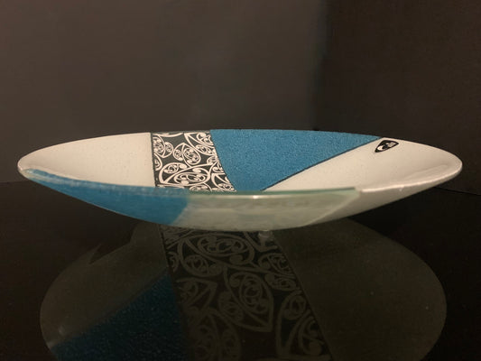 Fused Glass Bowl by Maori Boy - Kowhaiwhai Design (aqua and white) 32cm