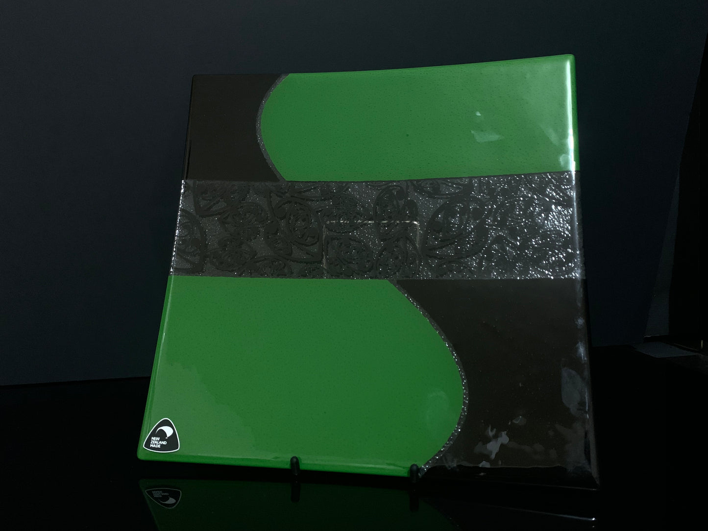 Fused Glass Platter by Maori Boy - Kowhaiwhai Design (Green and Black) 20cm x 20cm