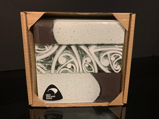 Fused Glass Coaster Set by Maori Boy - Kowhaiwhai Design - brown and white