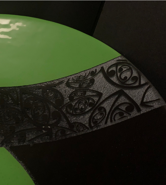 Fused Glass Bowl by Maori Boy - Kowhaiwhai Design (green and black) 32cm