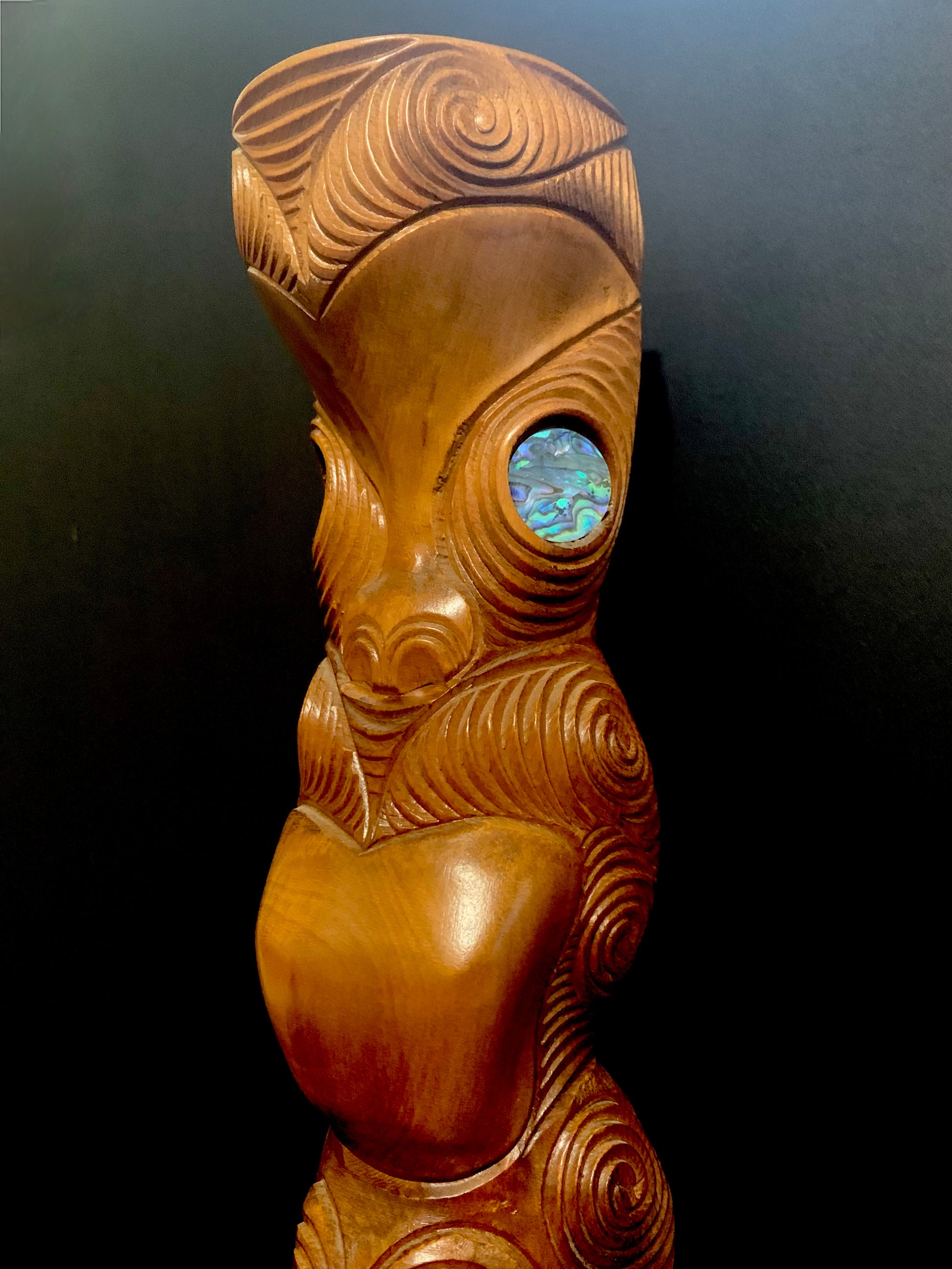 Face of Maori teko teko statue carved in New Zealand and available from Silver Fern Gallery