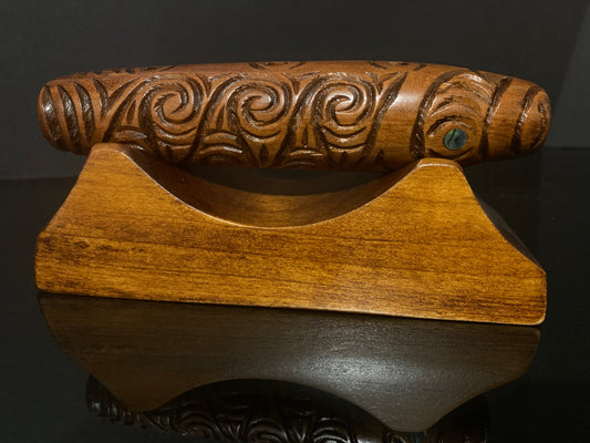 Carved Koauau (flute) with stand - by Wood Masters