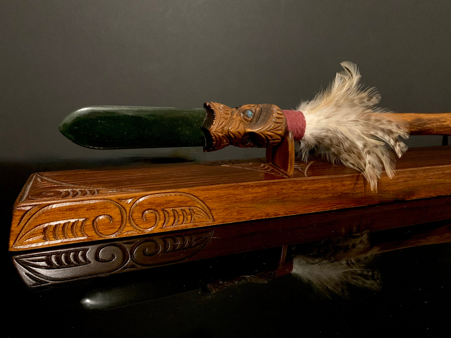 Carved Taiaha with Jade Tongue with stand - 143cm by Wood Masters