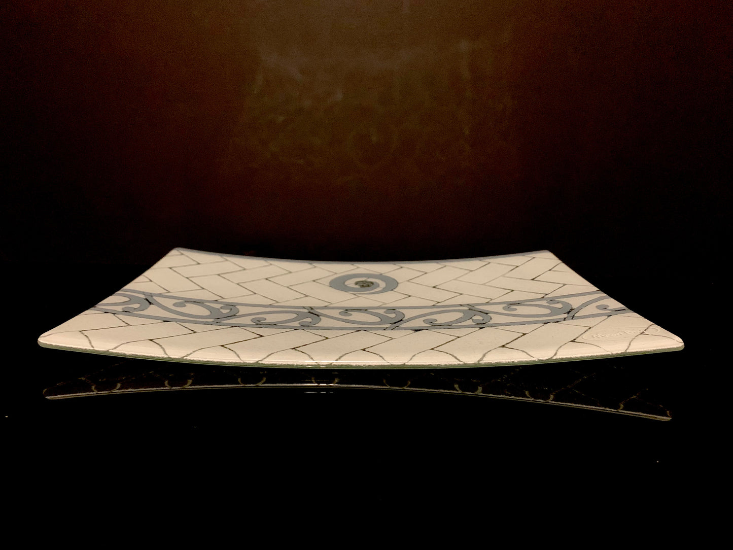 Fused Glass Platter by Maori Boy - Paua Kete Design (White and Grey) 30cm x 20cm