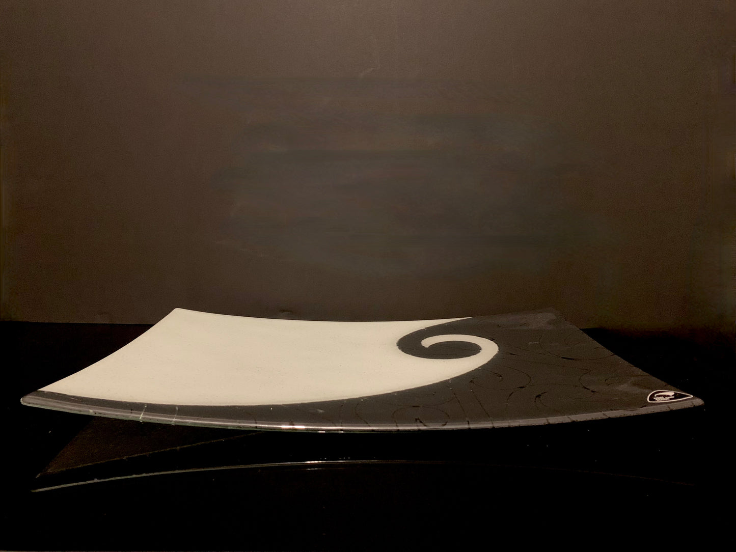 Fused Glass Platter by Maori Boy - Koru Furl Design (white and graphite) 40 x 27cm