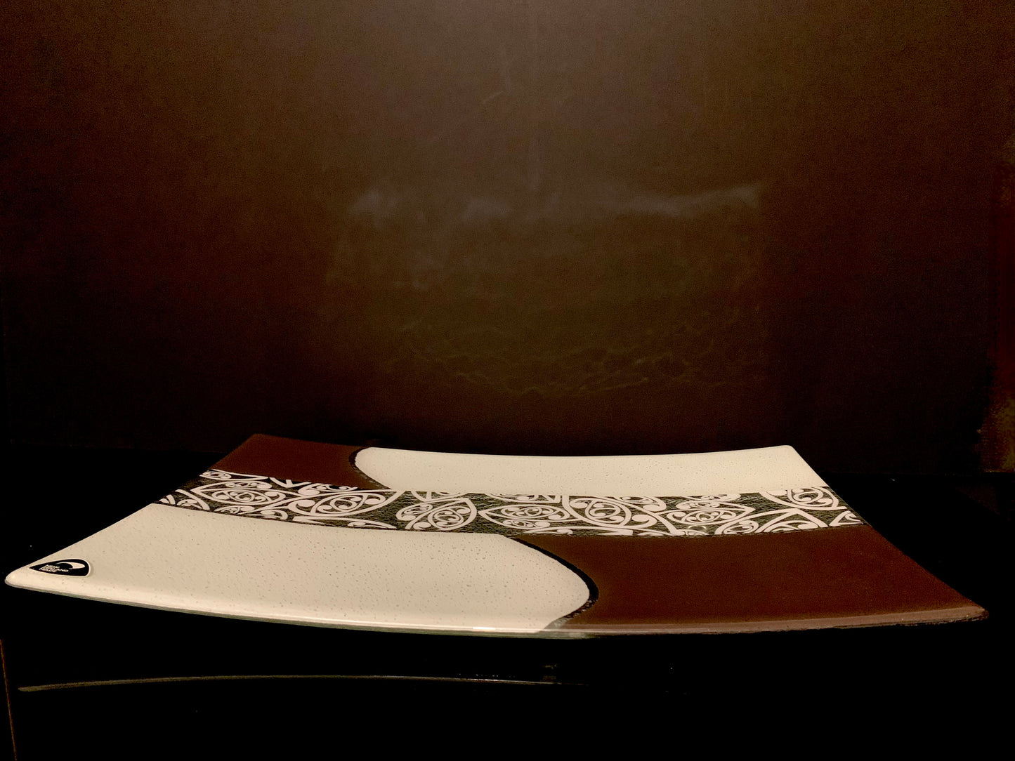 Fused Glass Platter by Maori Boy - Kowhaiwhai Design (Brown and White) 30cm x 20cm