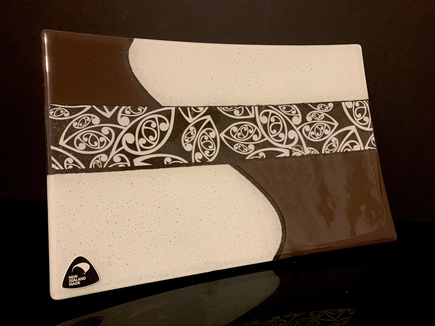 Fused Glass Platter by Maori Boy - Kowhaiwhai Design (Brown and White) 30cm x 20cm