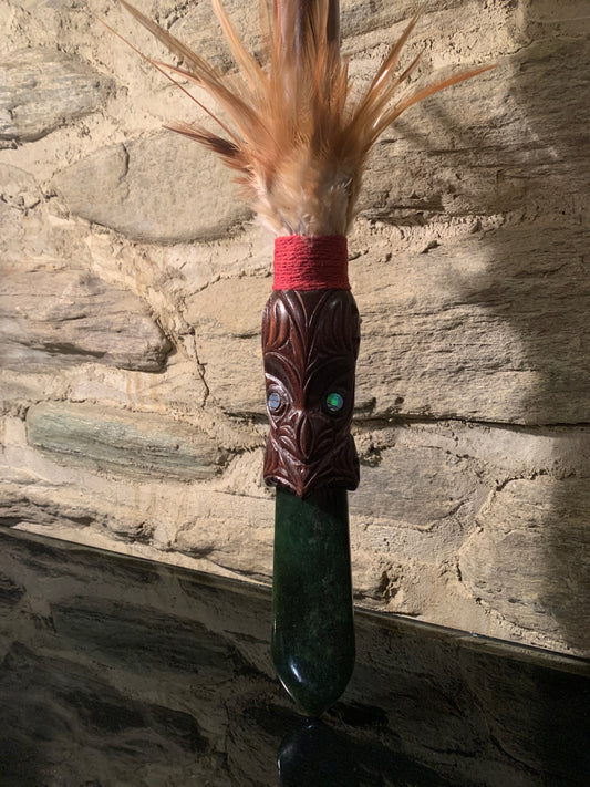 Maori wood and pounamu taiaha weapon carved in New Zealand and available from Silver Fern Gallery