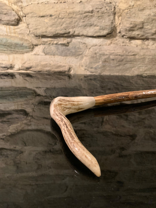 A curved deer antler walking stick with a brown wooden stick displayed against a textured stone wall