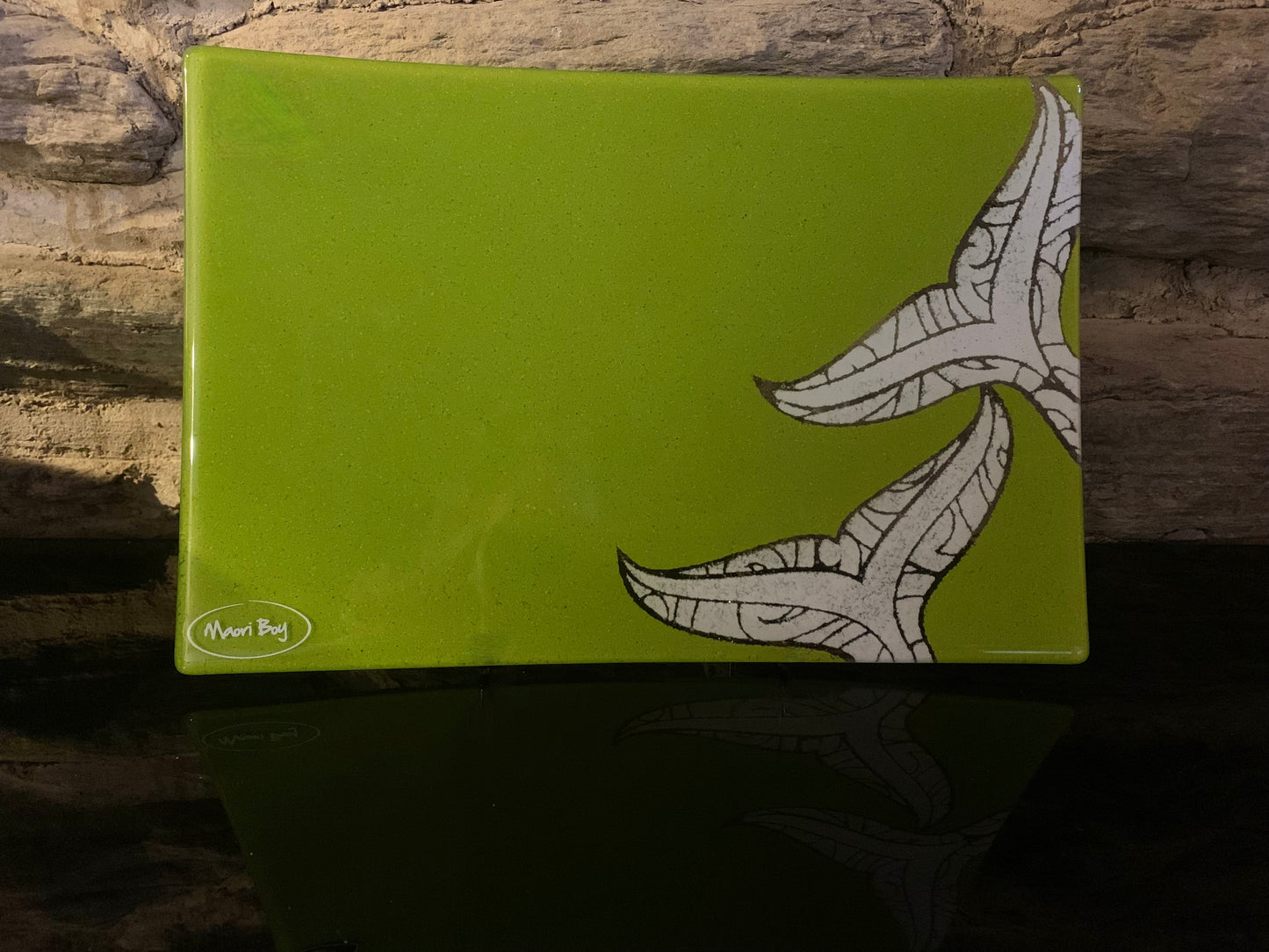 Fused Glass Platter by Maori Boy - Whale Tail Design (lime and white) 30cm x 20cm
