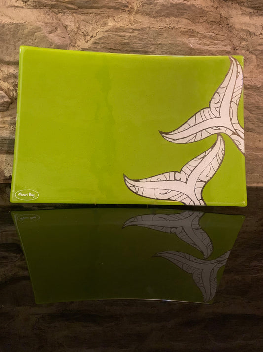 Fused Glass Platter by Maori Boy - Whale Tail Design (lime and white) 30cm x 20cm