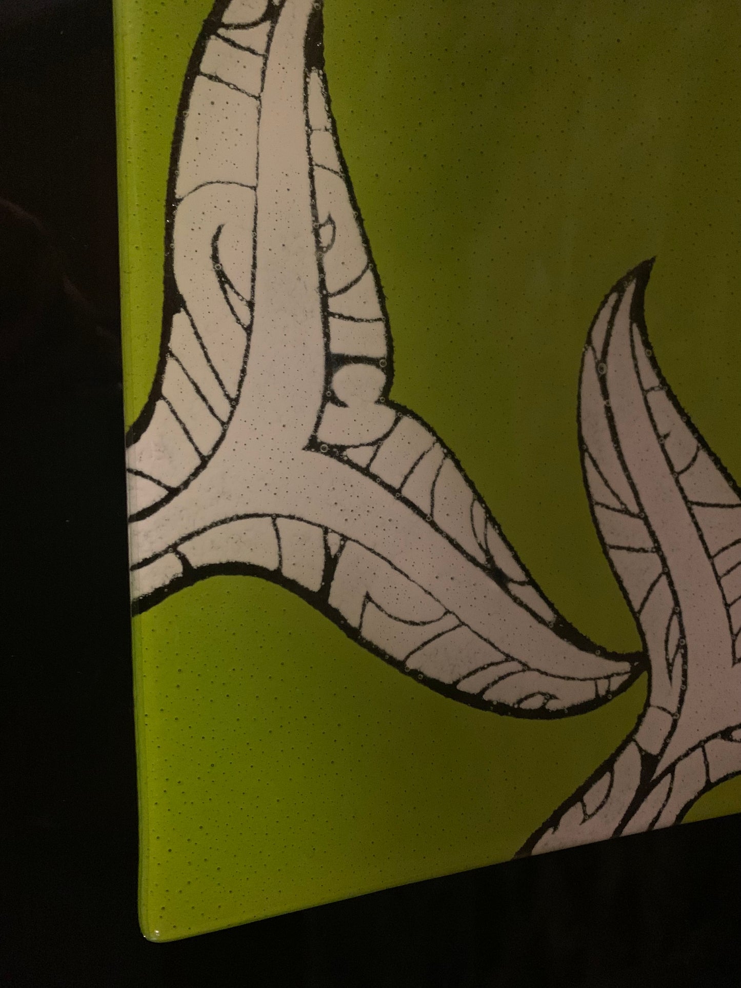 Fused Glass Platter by Maori Boy - Whale Tail Design (lime and white) 30cm x 20cm