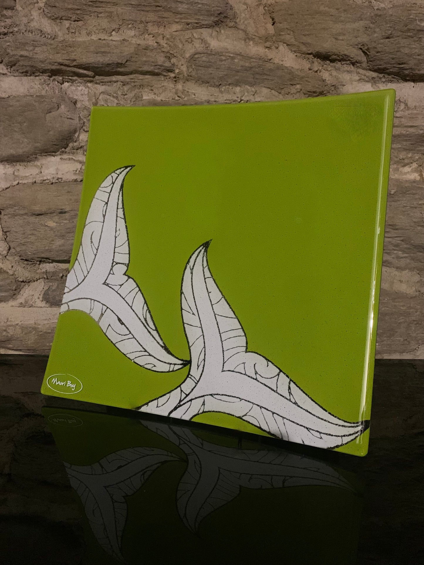 Fused Glass Platter by Maori Boy - Whale Tail Design - lime green 20cm