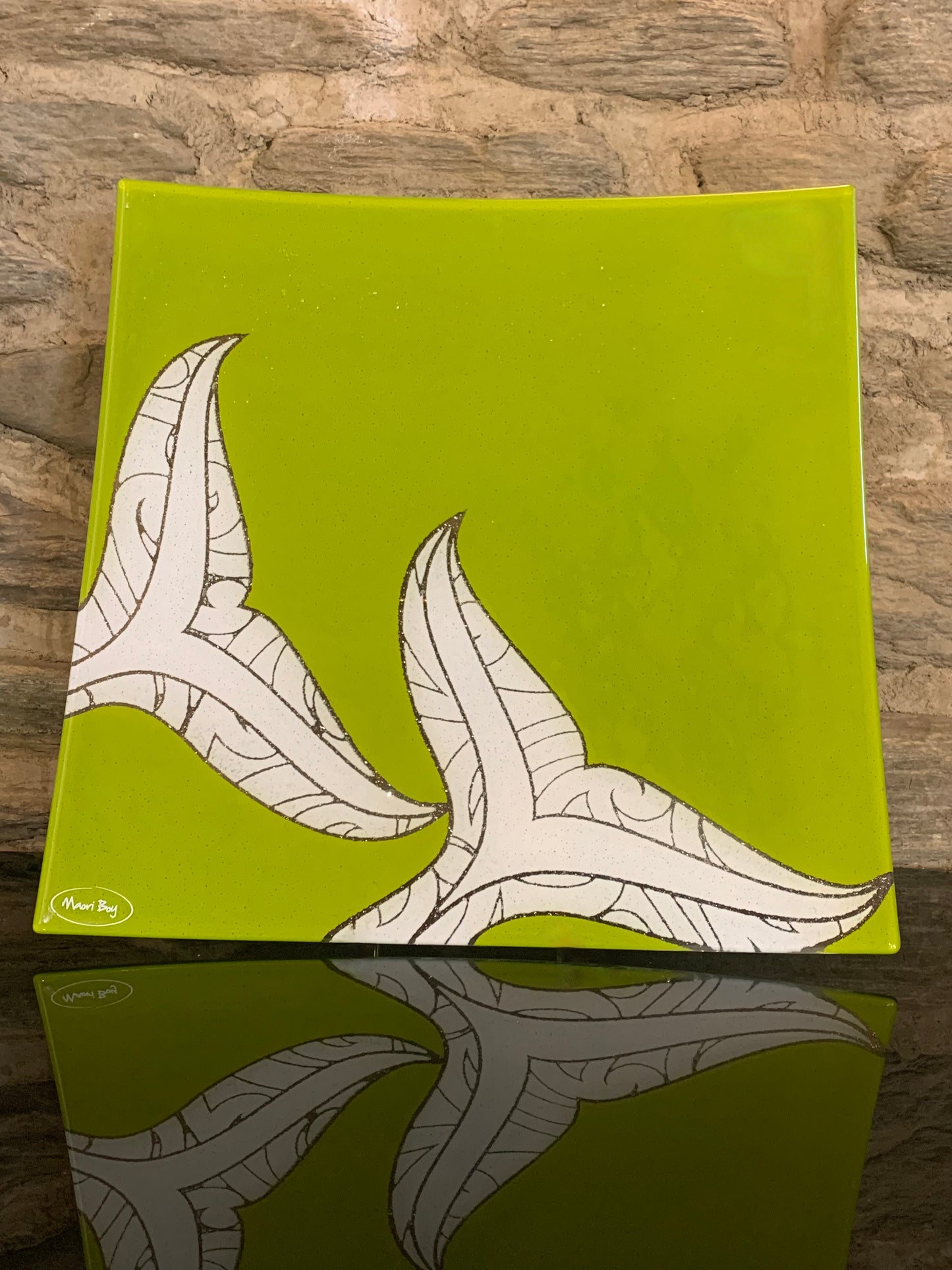 Fused Glass Platter by Maori Boy - Whale Tail Design - lime green 20cm