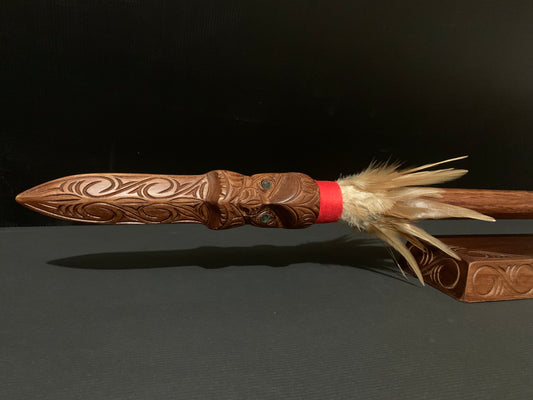 Carved Taiaha 145cm with Feathers on stand by Wood Masters