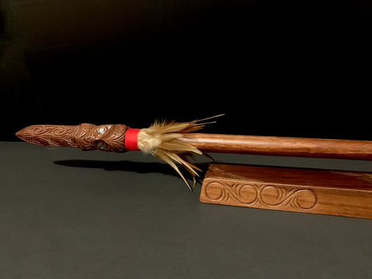 Carved Taiaha 145cm with Feathers on stand by Wood Masters