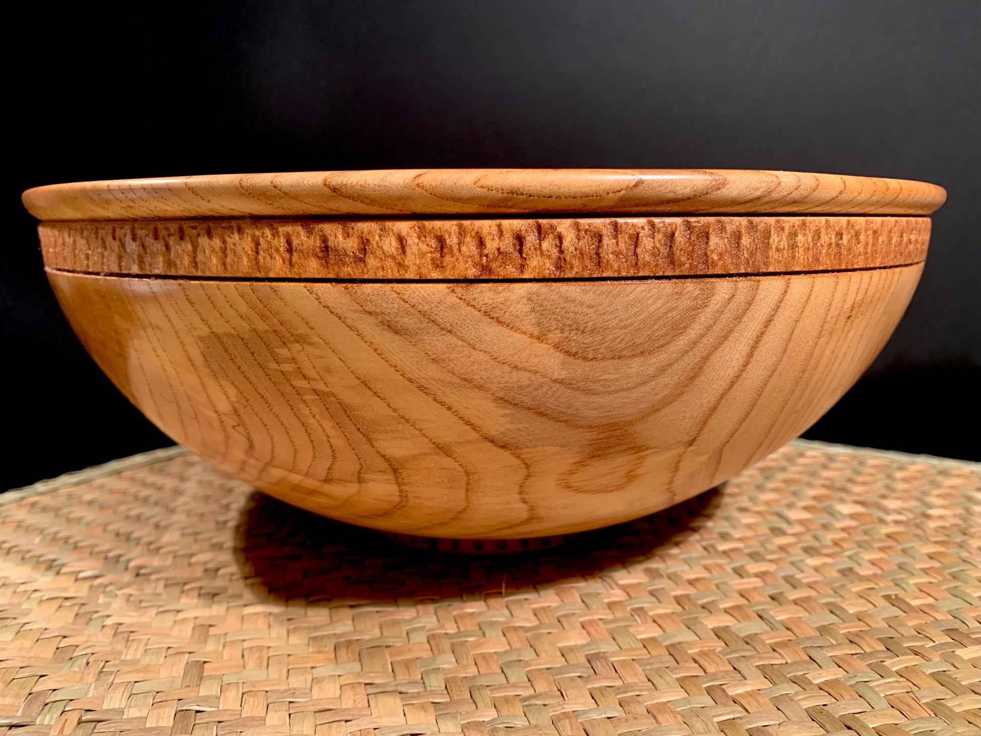 NZ Elm wood bowl with decorative design under the rim 