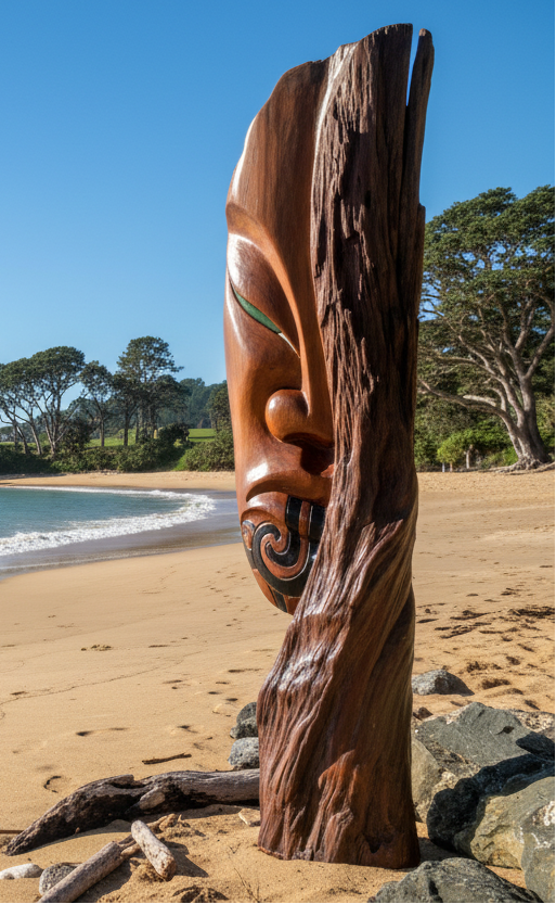 Carved Maori wooden sculpture of a face in a natural NZ beach setting