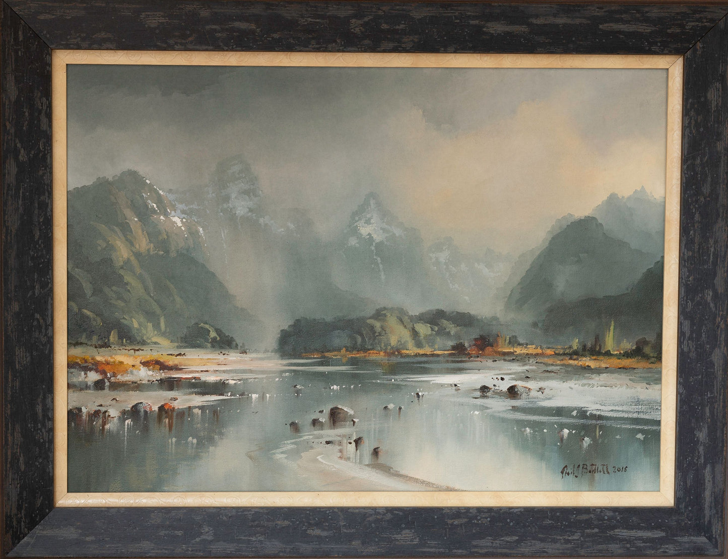 Framed Oil Painting by renowned landscape artist Neil J Bartlett Dart Valley Glenorchy near Queenstown NZ Silver Fern Gallery