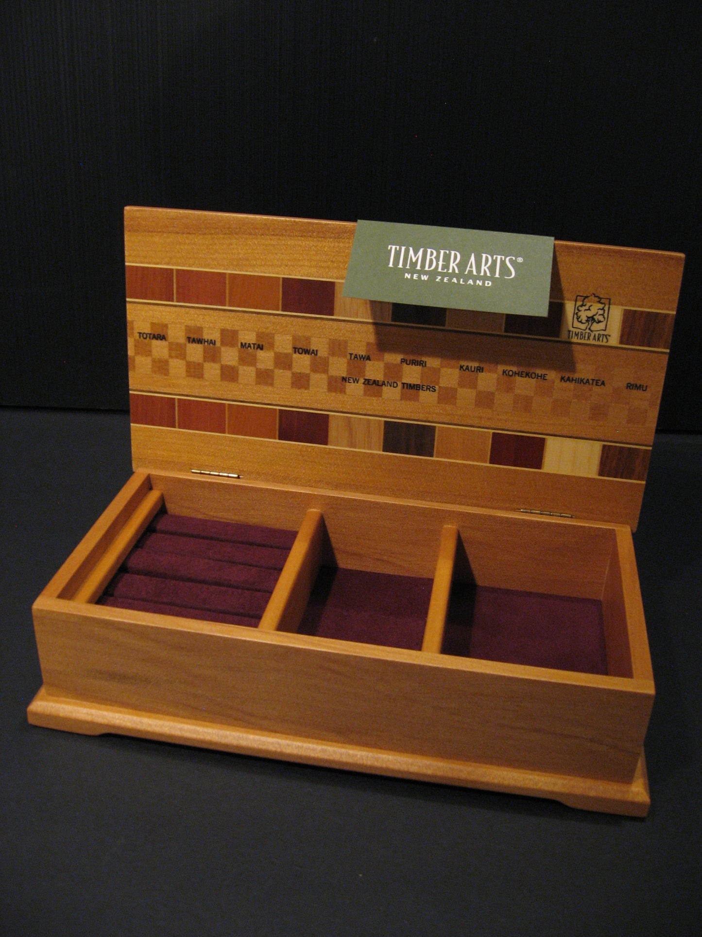 Inside of Kauri Wood Jewellery Box Inlaid with Native Timbers by Timber Arts NZ Silver Fern Gallery