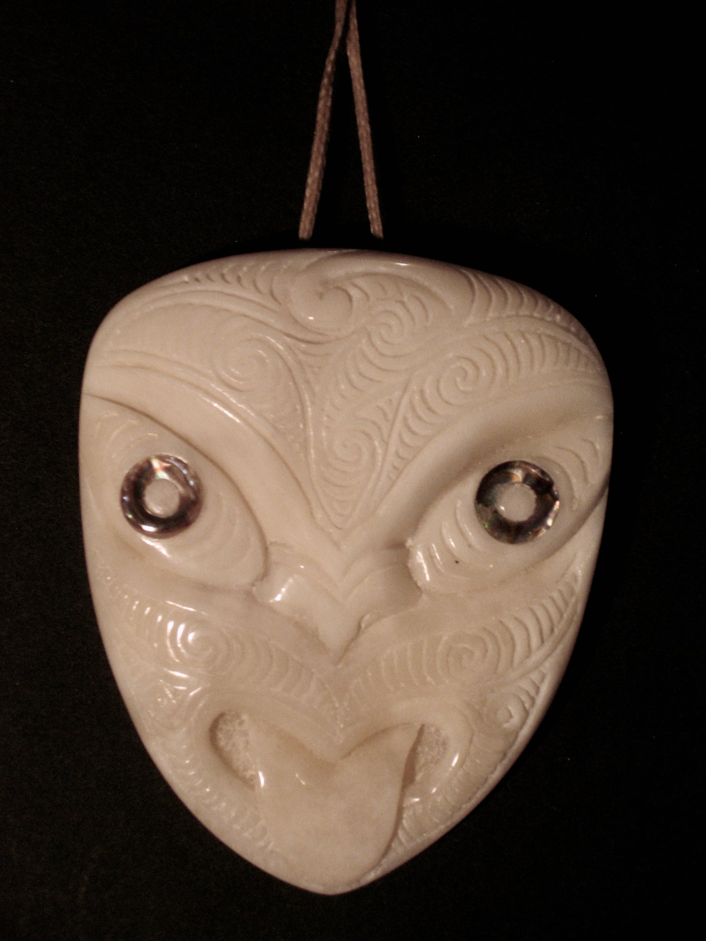 New Zealand Maori Bone Pendant Wheku Mask No110 by Norman Clark Silver Fern Gallery 