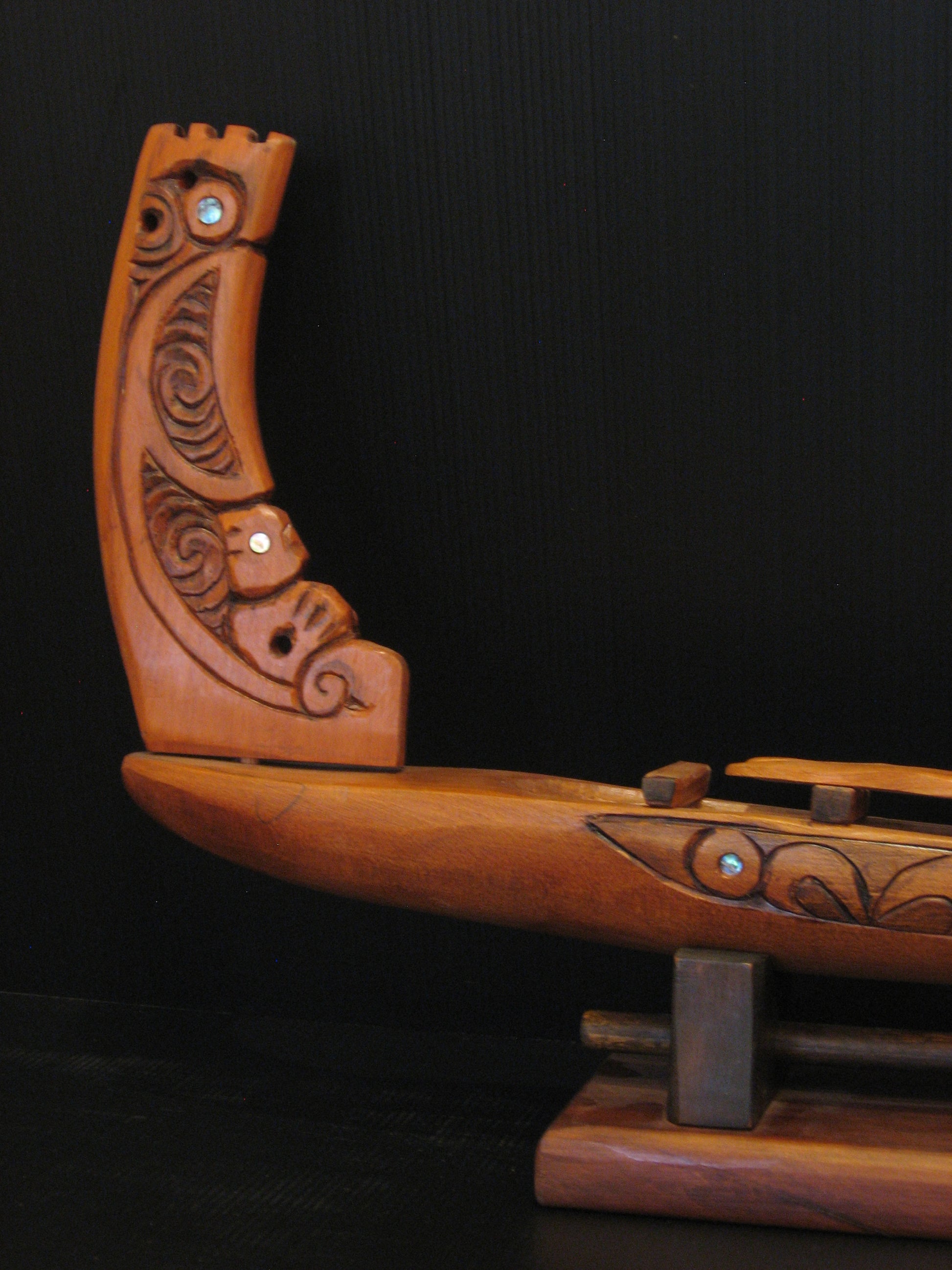 Stern view New Zealand Maori Waka Taua Canoe Carving by Gary Holder Silver Fern Gallery