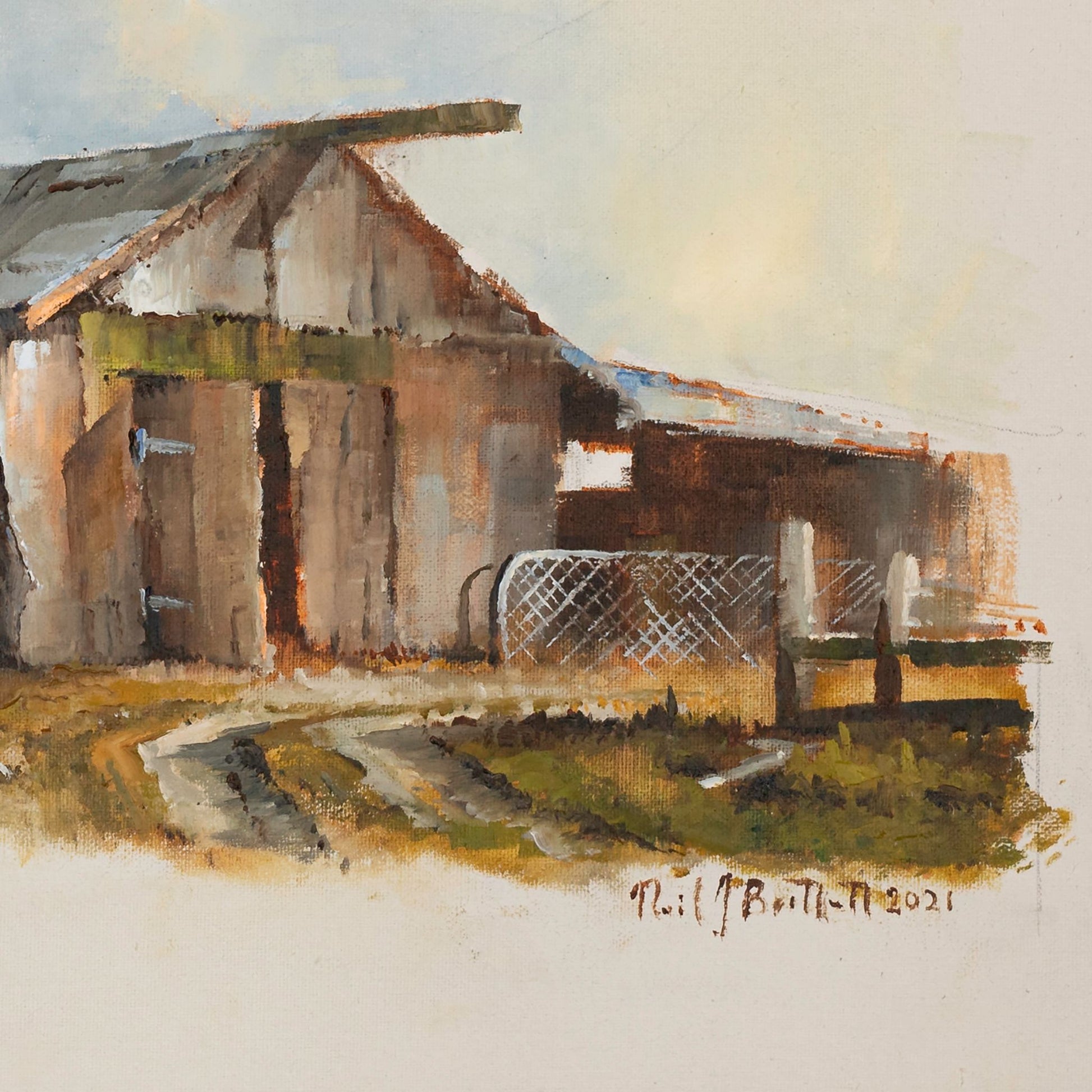 Detail of Oil Painting by Neil J Bartlett of an Old Barn at Ida Valley Central Otago Silver Fern Gallery