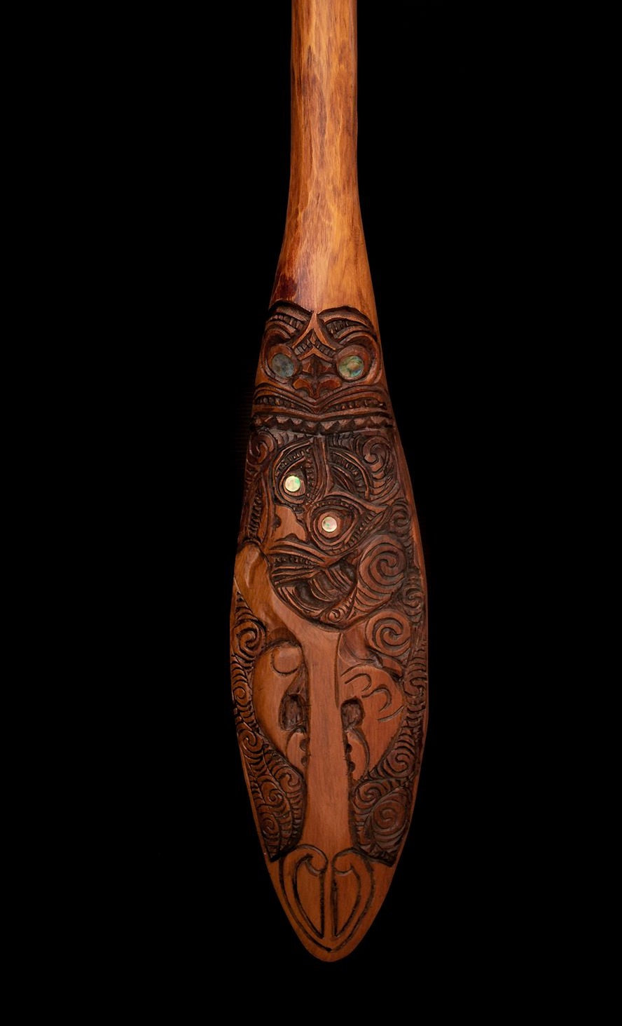 Detail of New Zealand Maori Waka Hoe Paddle Carving by Grant Holder Silver Fern Gallery