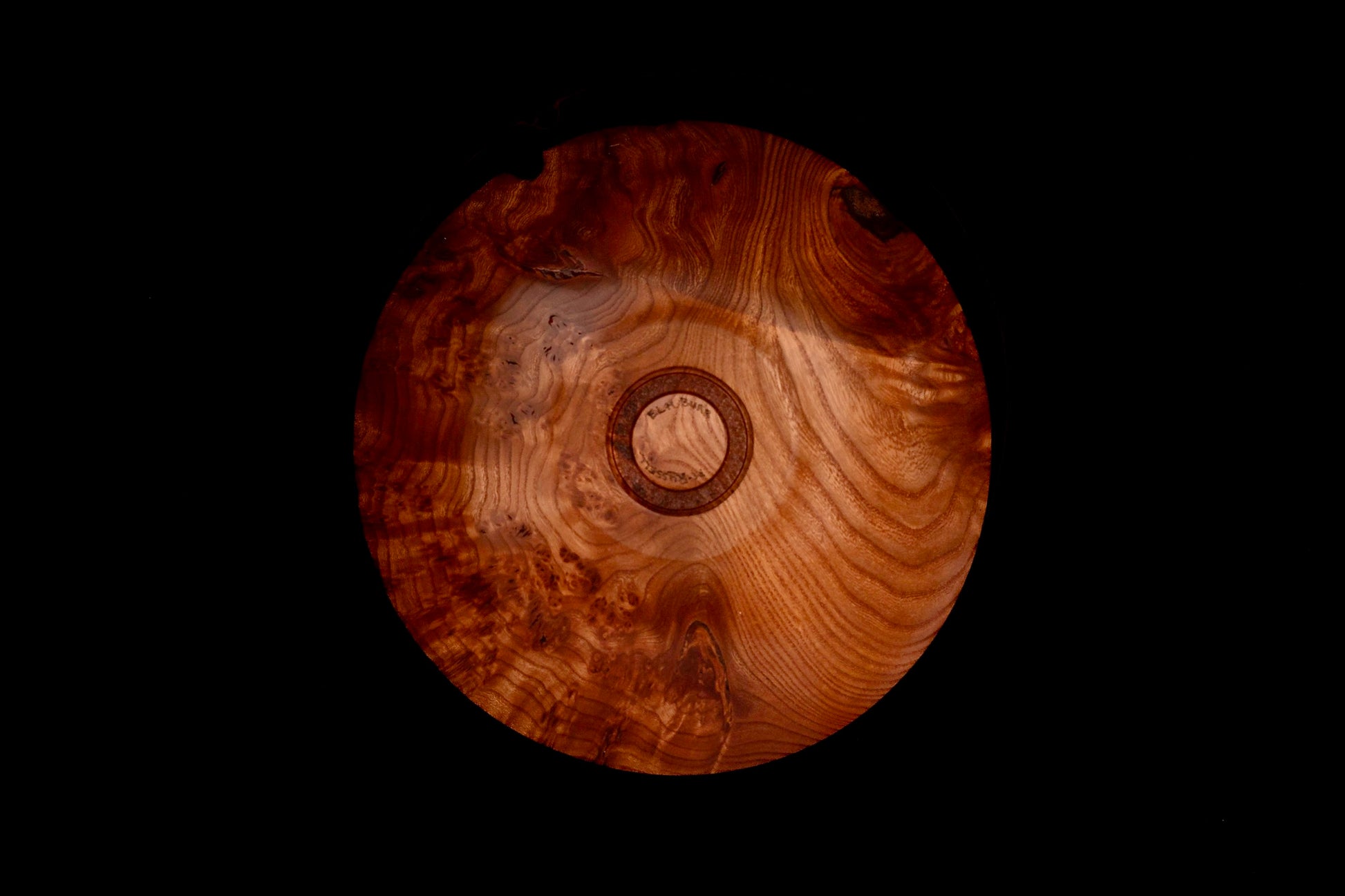 Bottom of Elm Burr Wood Bowl by Woodturner Mark Russell No215