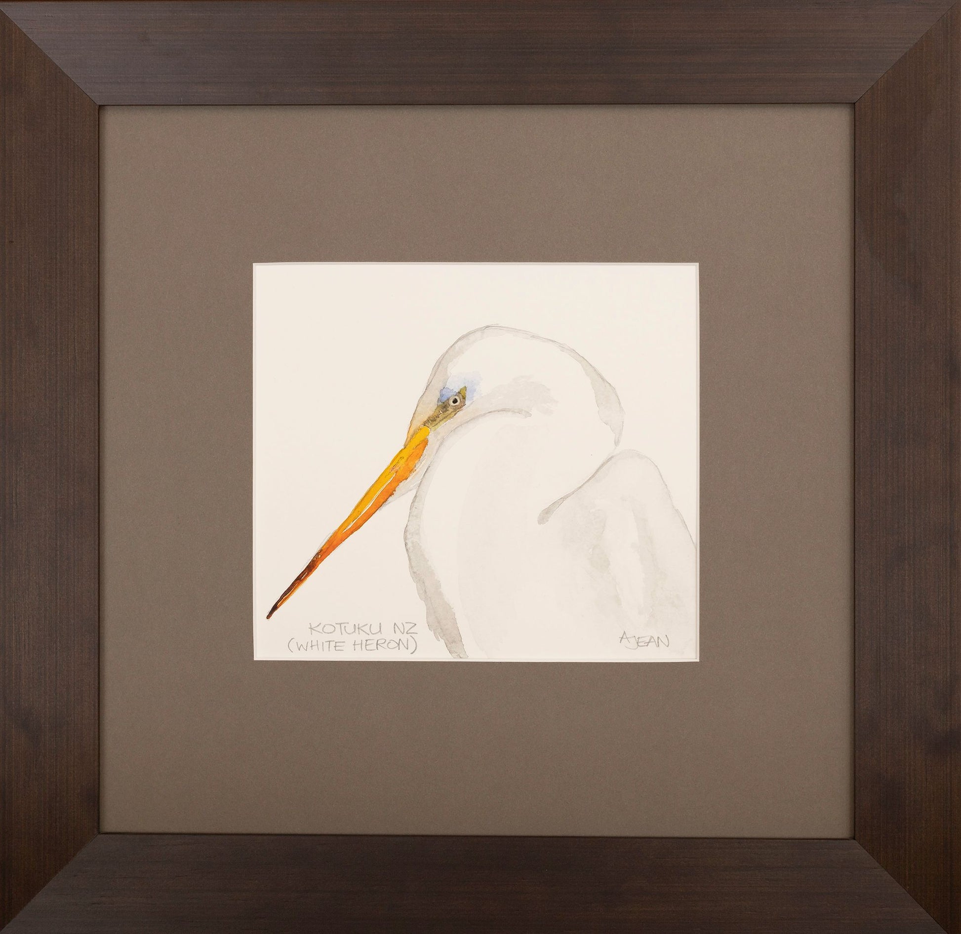 Watercolour Painting by artist Avril Jean New Zealand Kotuku White Heron Bird Silver Fern Gallery
