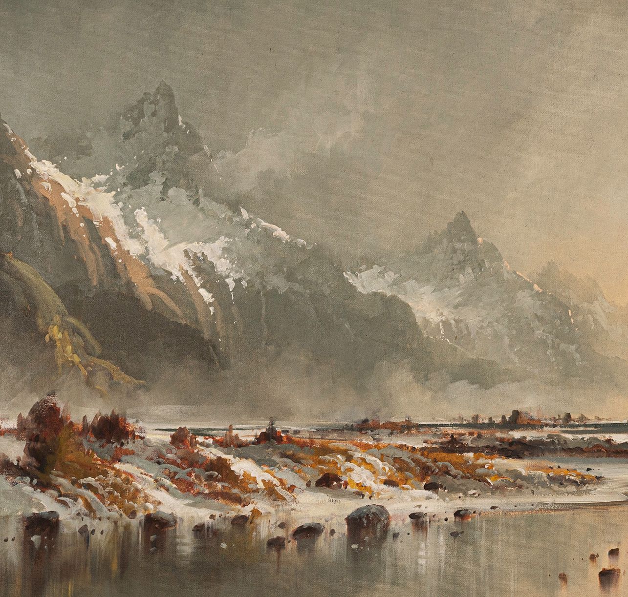 Detail of Framed Oil Painting by Neil J Bartlett Morning Mists Fiordland Silver Fern Gallery