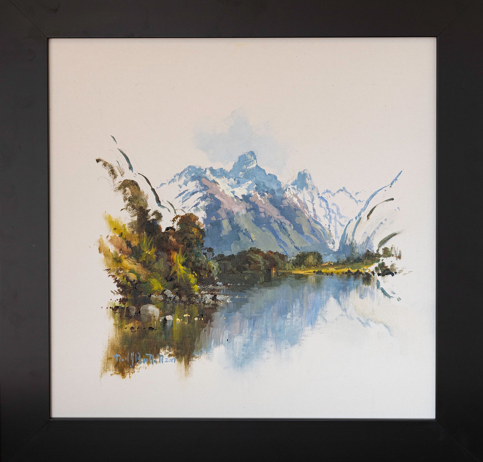 Framed Oil Painting by renowned landscape artist Neil J Bartlett of Diamond Lake Glenorchy New Zealand Silver Fern Gallery