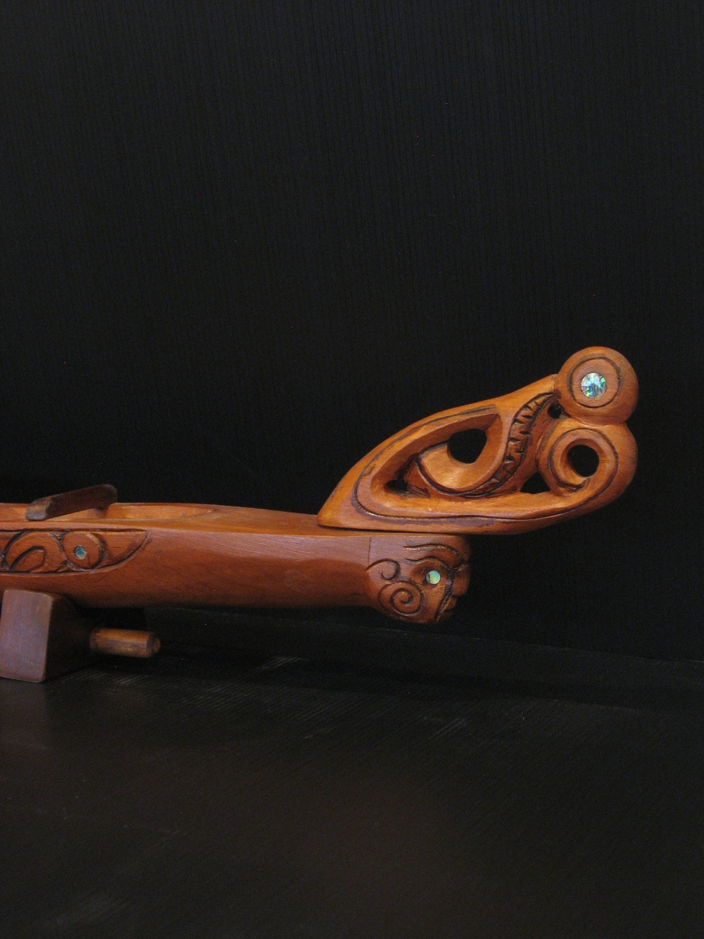 Bow view of New Zealand Maori Waka Taua Canoe Wood Carving by Gary Holder Silver Fern Gallery