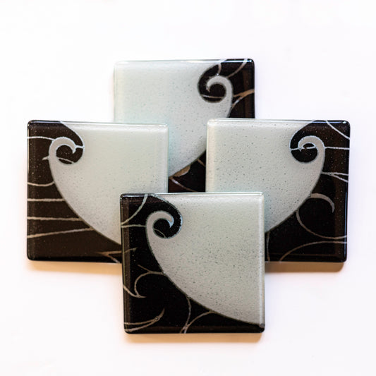 Fused Glass Coaster Set by Maori Boy Koru Furl Design Silver Fern Gallery