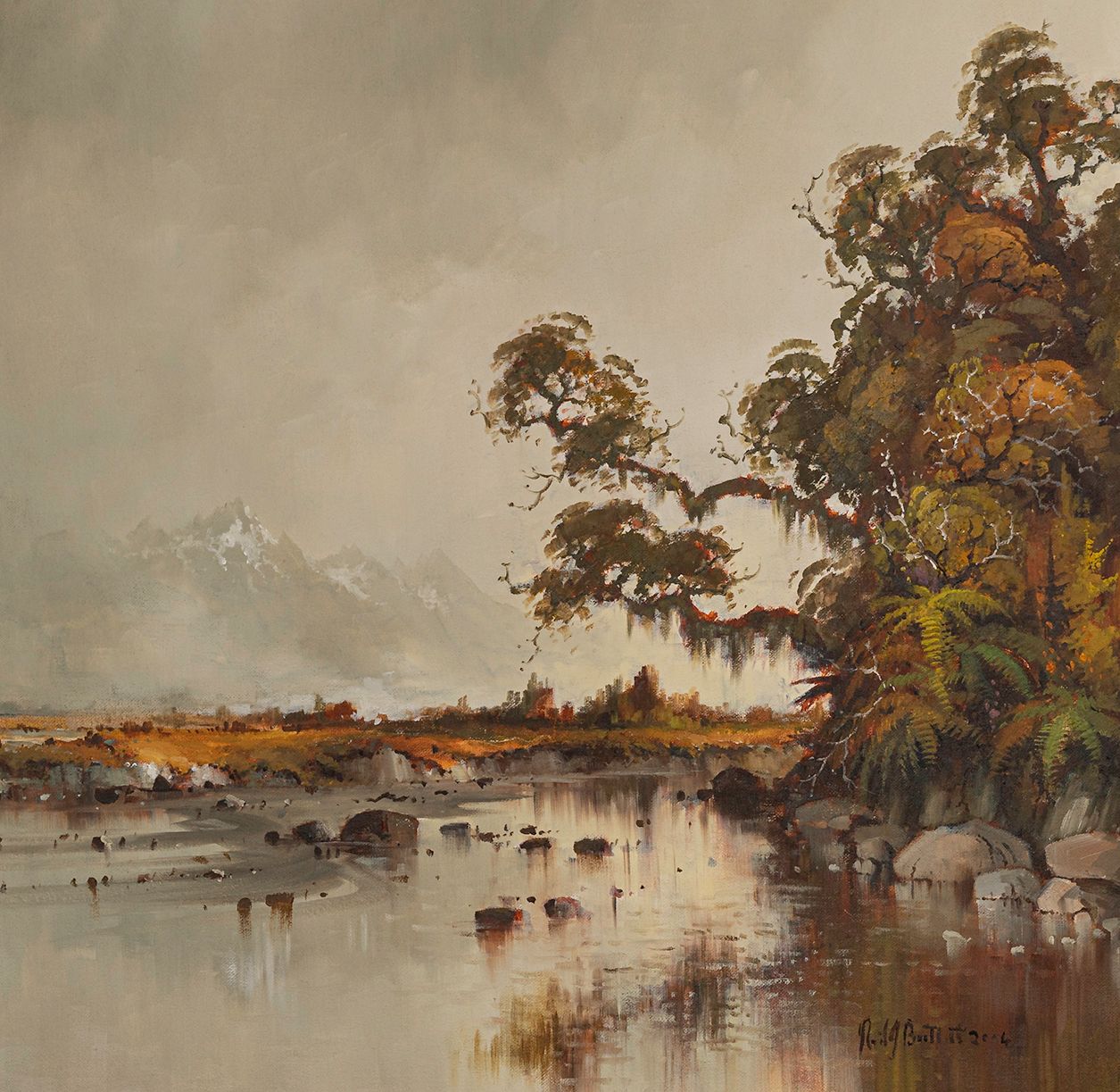 Partial detail of Oil Painting by Neil J Bartlett Rain Shower Eglinton Valley Fiordland Silver Fern Gallery