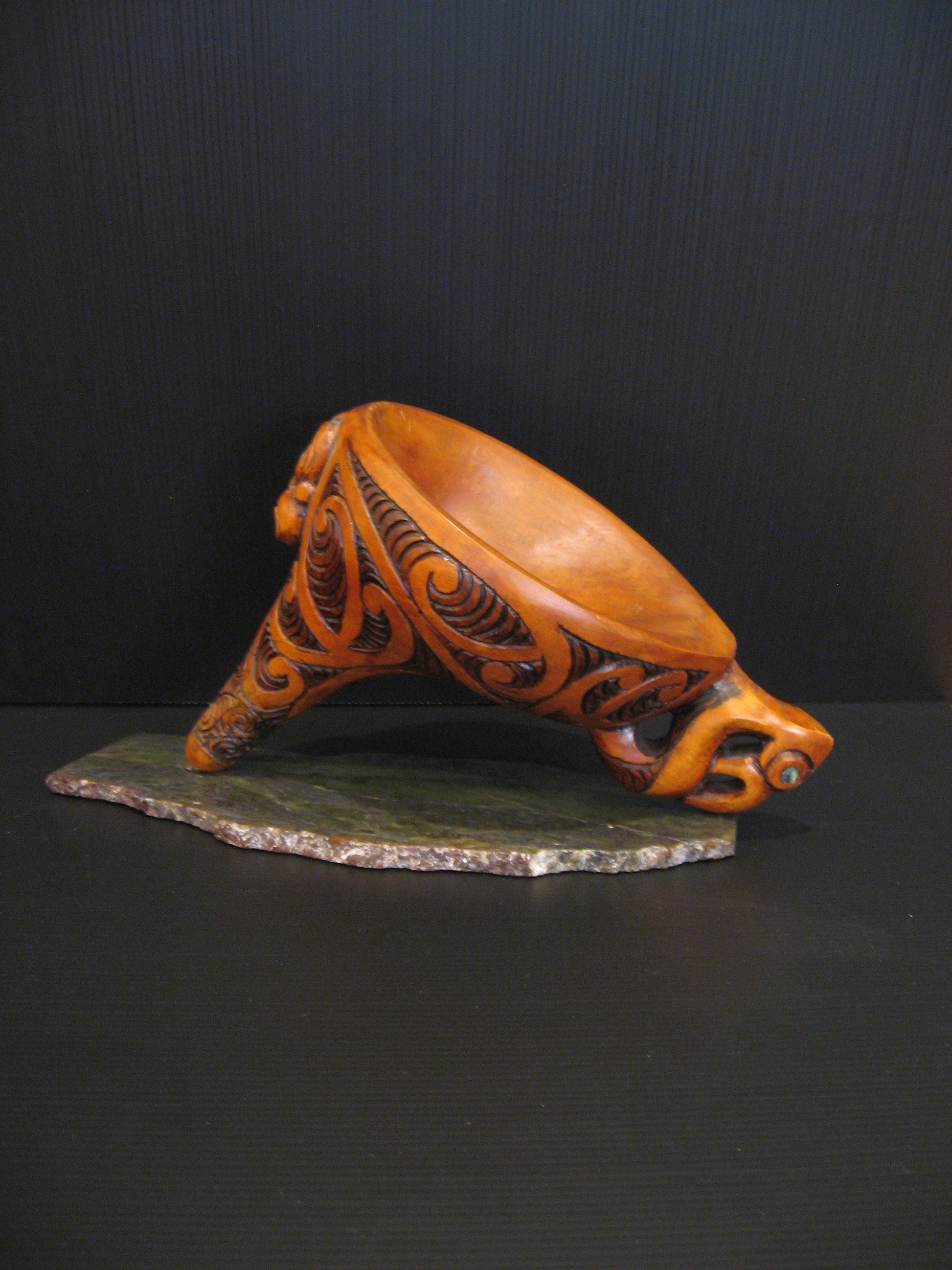 New Zealand Maori Taonga Korere Feeding Funnel Wood Carving on a Pounamu Base by Gary Holder Silver Fern Gallery