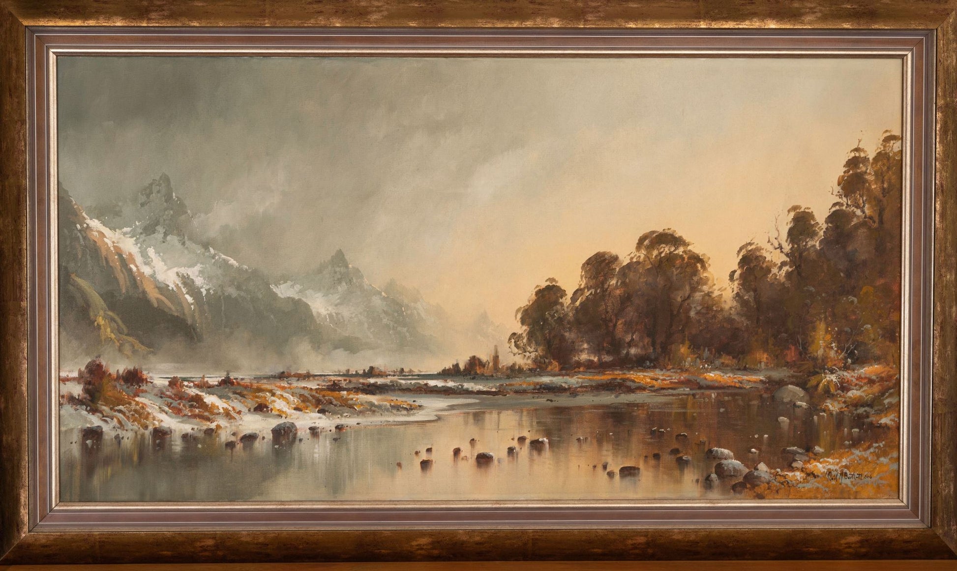 Framed Oil Painting by Neil J Bartlett Morning Mists Fiordland Silver Fern Gallery