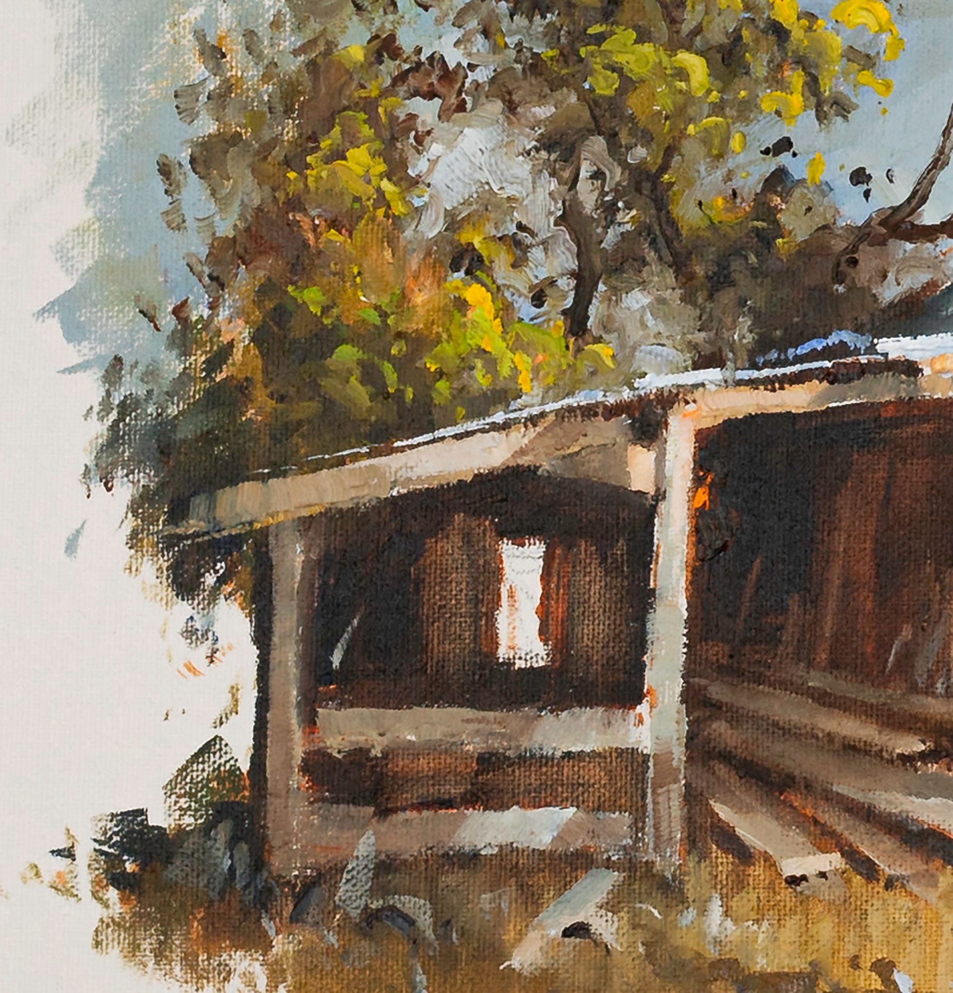 Detail of Framed Oil Painting by Neil J Bartlett of an Old Barn at Ida Valley Central Otago Silver Fern Gallery