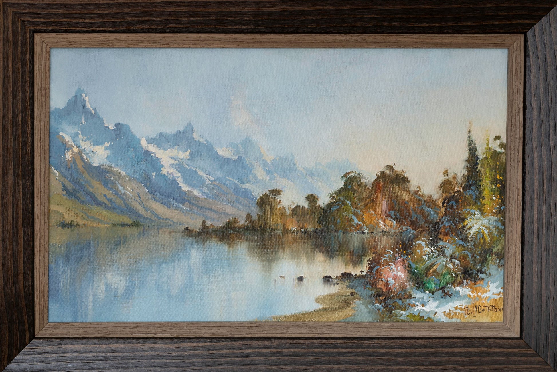 Framed Oil Painting by Neil J Bartlett Winter Morning Lake Wakatipu NZ Silver Fern Gallery