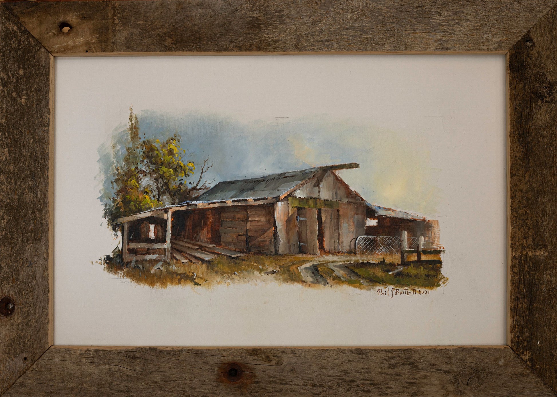 Framed Oil Painting by Neil J Bartlett of an Old Barn at Ida Valley Central Otago Silver Fern Gallery