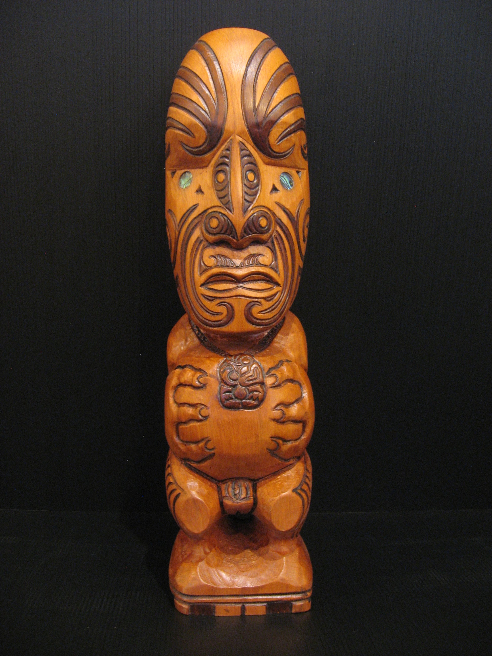 Front view New Zealand Maori Tekoteko Wood Carving by Jason Holder Silver Fern Gallery