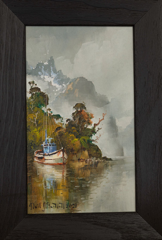 Framed Oil Painting by renowned landscape artist Neil J Bartlett of Fishing Boat at Fiordland  Silver Fern Gallery