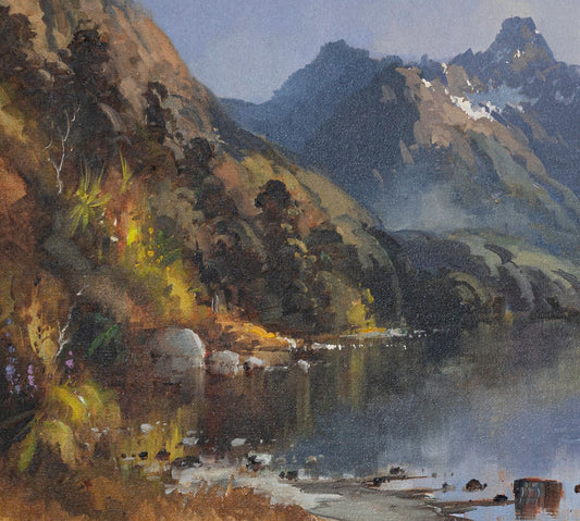 Partial detail of Oil Painting by renowned landscape artist Neil J Bartlett of Diamond Lake Glenorchy New Zealand Silver Fern Gallery