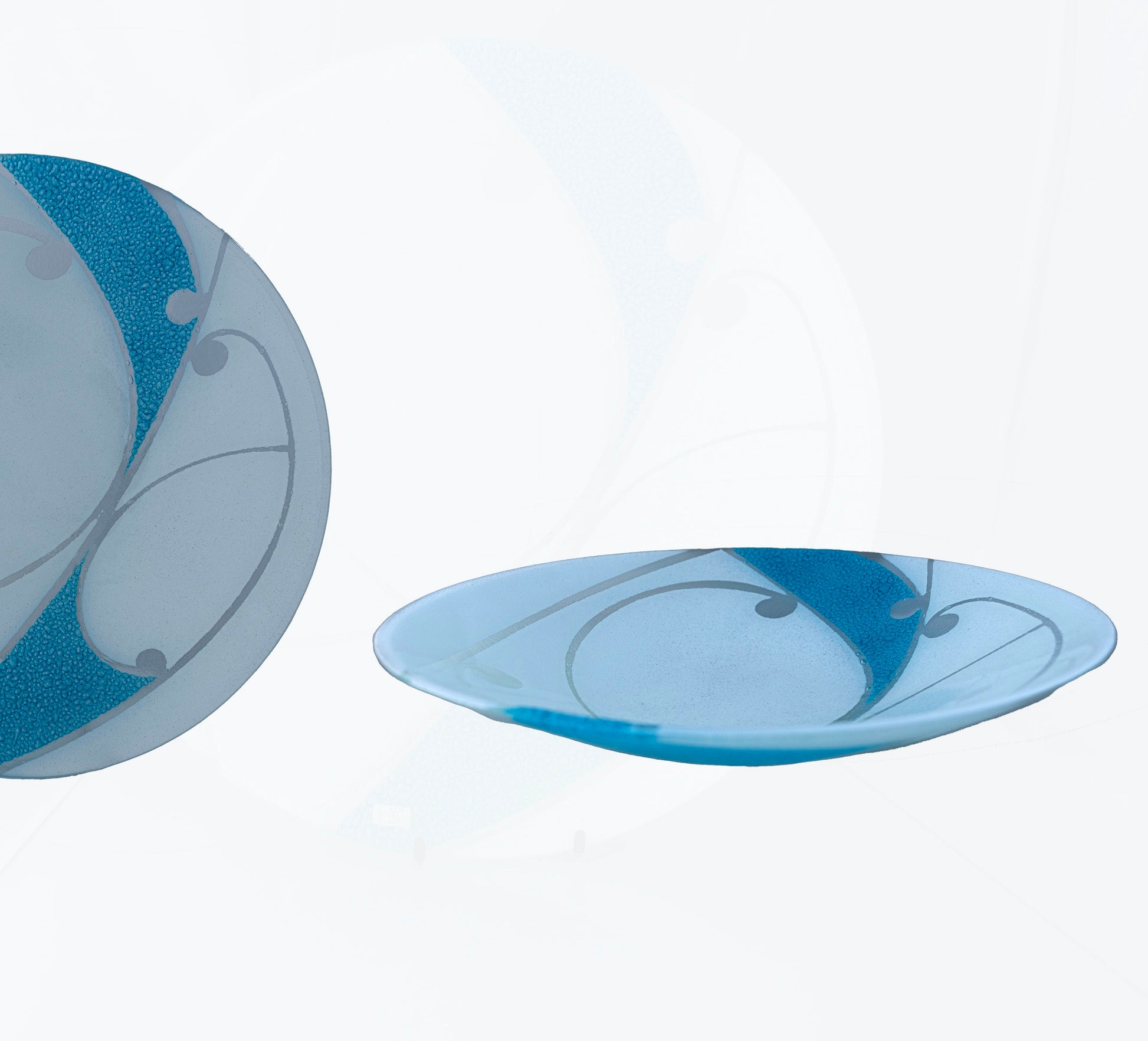 Two views of Fused Glass Bowl by Maori Boy - Kawakawa Design aqua and white Silver Fern Gallery
